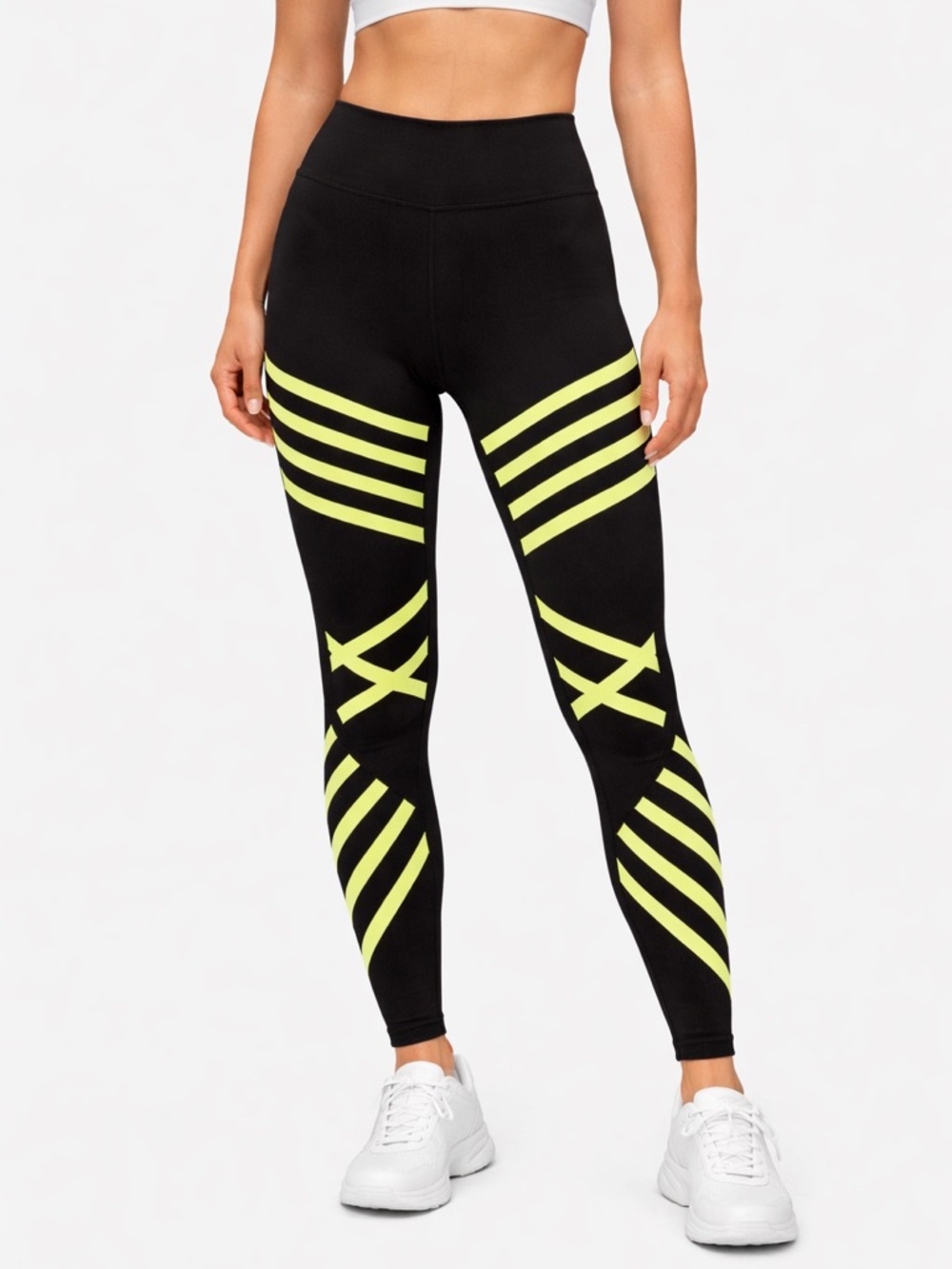 ALO YOGA High Waist Leggings Black Neon‎ Yellow Striped Athletic Pants Size M